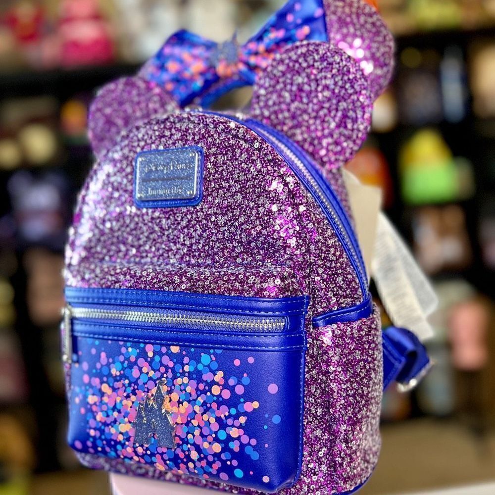 Purple & Silver Disney Parks Sequin Loungefly Mini Backpack & Ears NWT - Picture 3 of 13